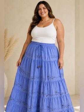 French Laundry Blue Embroidered Tiered Maxi Skirt | Size L | Boho Cottagecore